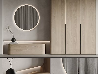 Modern Minimalist Bathroom Cabinet Design With Round Mirror And Light Wood Finish 3d model