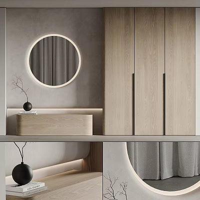 Modern Minimalist Bathroom Cabinet Design With Round Mirror And Light Wood Finish 3d model