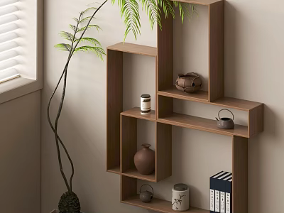 Minimalist Wooden Wall Shelf with Decorative Pots Books and Green Plant for Living Room 3d model