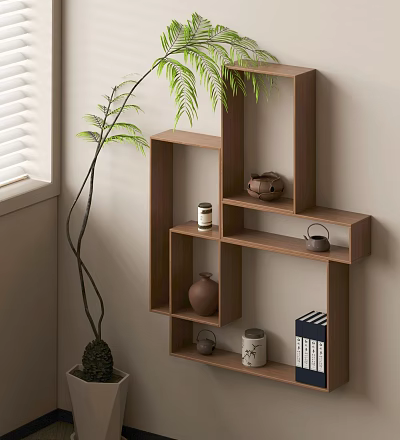 Minimalist Wooden Wall Shelf with Decorative Pots Books and Green Plant for Living Room 3d model