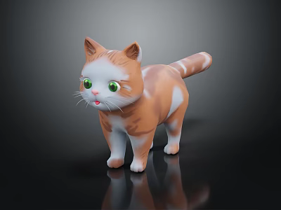 Cute Orange And White Cartoon Cat With Green Eyes Standing On Black Background With Reflection 3d model