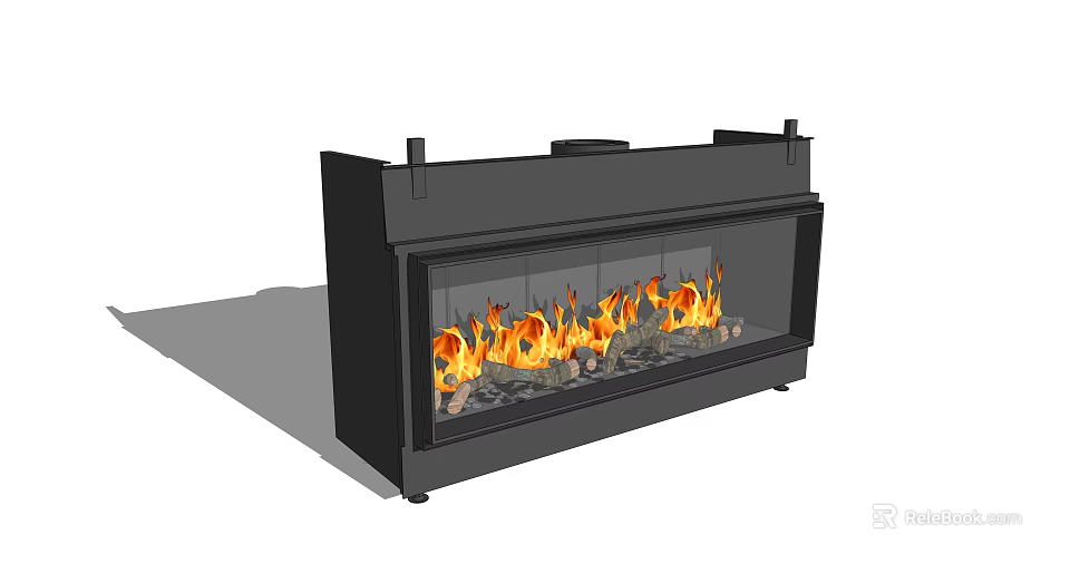 Modern Black Fireplace With Glass Panel And Burning Flames Stone Decor 3d model 