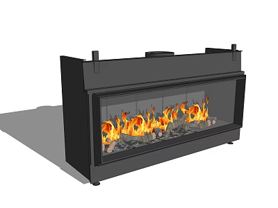 Modern Black Fireplace With Glass Panel And Burning Flames Stone Decor 3d model