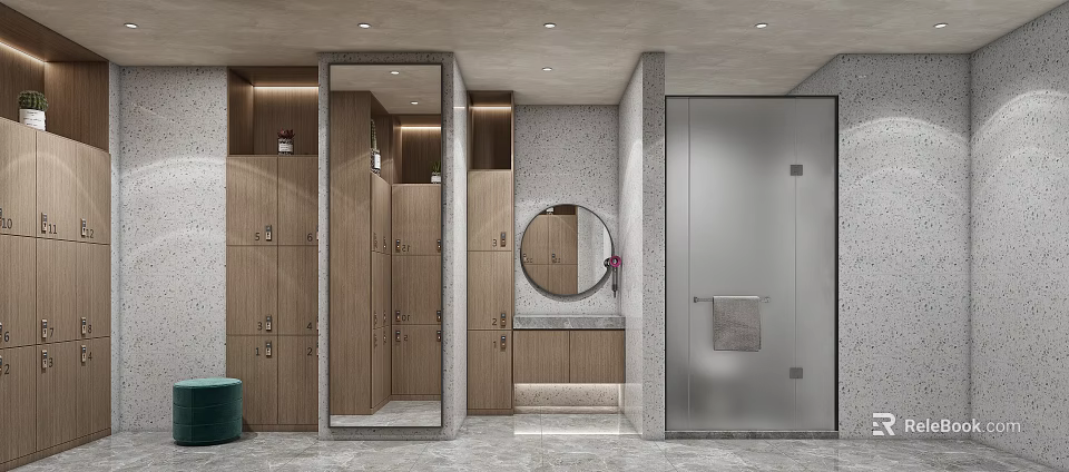 Modern Bathroom Interior With Wooden Cabinets Round Mirror Vanity And Shower Stall 3d model 