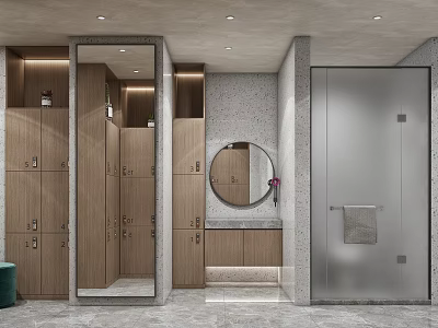 Modern Bathroom Interior With Wooden Cabinets Round Mirror Vanity And Shower Stall 3d model