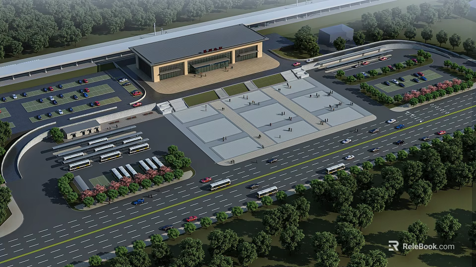 Modern Plaza Landscape With Station Building Parking Area Pedestrians Vehicles And Green Trees 3d model 