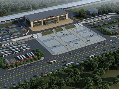 Modern Plaza Landscape With Station Building Parking Area Pedestrians Vehicles And Green Trees 3d model