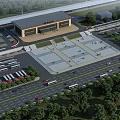 Modern Plaza Landscape With Station Building Parking Area Pedestrians Vehicles And Green Trees