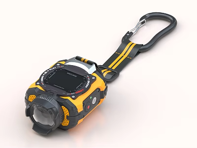 Yellow Portable Digital Camera With Carabiner Strap And Display Screen 3d model