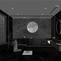 Modern Luxury Bathroom Interior with Dark Marble Walls Round Mirrors Bathtub Blinds and Recessed Lighting