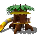 Tree House Themed Play Equipment with Green Leaf Canopy Yellow Slide and Wooden Structure