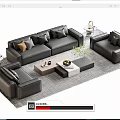 Modern Black Leather Sofa and Coffee Table Set with Decorative Items on Area Rug 3d model
