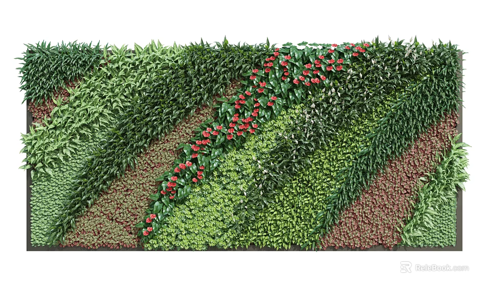 Lush Living Plant Wall With Green Foliage Red Flowers And Layered Design For Decoration 3d model 