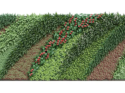 Lush Living Plant Wall With Green Foliage Red Flowers And Layered Design For Decoration 3d model