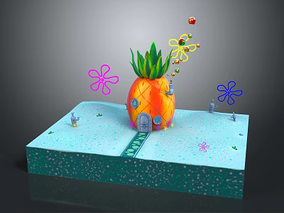 Cartoon Scene With Pineapple Shaped House Colorful Flowers Tiny Characters Green Path And Blue Platform 3d model