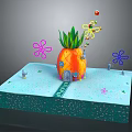 Cartoon Scene With Pineapple Shaped House Colorful Flowers Tiny Characters Green Path And Blue Platform