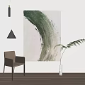 Minimalist Interior With Large Abstract Green Painting Chair And Floor Lamp