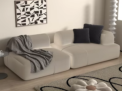 White Sectional Sofa With Black Pillows Gray Blanket And Abstract Wall Art 3d model