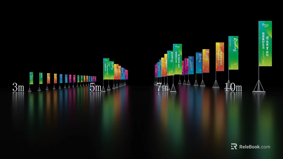 Colorful Vertical Banners With Various Heights 5m 7m 10m On Black Background And Reflections 3d model 