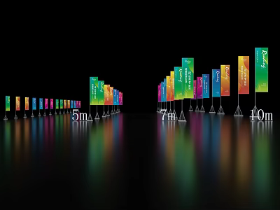 Colorful Vertical Banners With Various Heights 5m 7m 10m On Black Background And Reflections 3d model