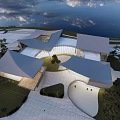 Contemporary Architectural Exterior With Curved Glass Facade Sloped Roofs Green Lawn And Trees