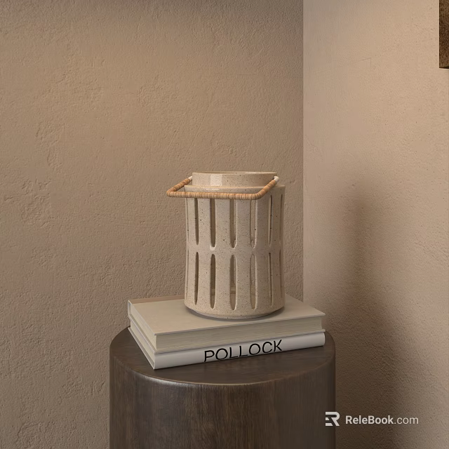 Round Side Table With Pollock Books And Perforated Ceramic Container On Beige Wall Corner 3d model 