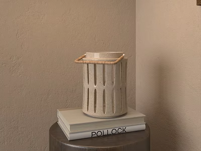 Round Side Table With Pollock Books And Perforated Ceramic Container On Beige Wall Corner 3d model