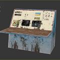 Worn Industrial Control Console With Multiple Displays Buttons And Scratched Paint On Wooden Surface