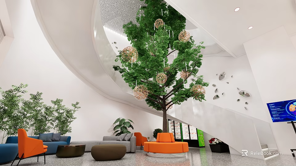 Modern Sales Office Interior With Large Tree Decorative Balls Sofas And Chairs 3d model 