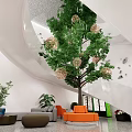 Modern Sales Office Interior With Large Tree Decorative Balls Sofas And Chairs 3d model