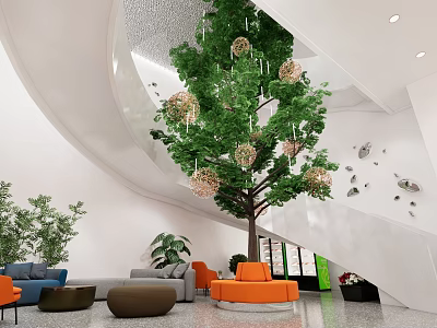 Modern Sales Office Interior With Large Tree Decorative Balls Sofas And Chairs 3d model
