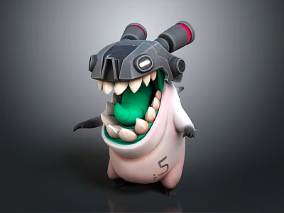 Cartoon Mechanical Creature Character With Cannon Head Number 5 On Belly And Green Tongue 3d model