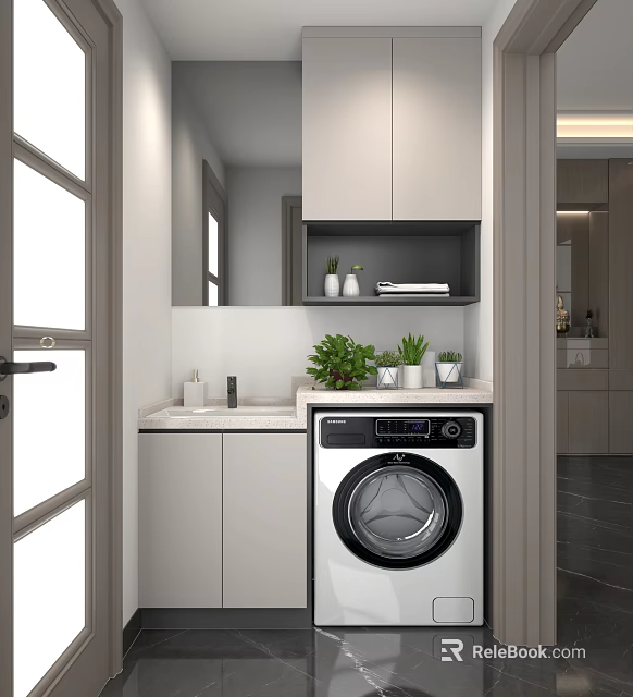 Modern Bathroom Vanity Cabinet Rack With Washer Mirror And Green Plants 3d model 