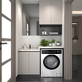 Modern Bathroom Vanity Cabinet Rack With Washer Mirror And Green Plants