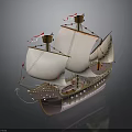 Ancient Sailing Ship Model Water Vessel With White Sails Purple Hull And Decorative Flags