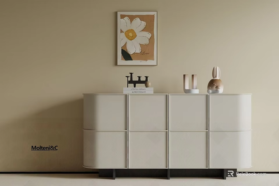 Modern White Entryway Cabinet Sideboard With Flower Painting And Decorative Items 3d model 