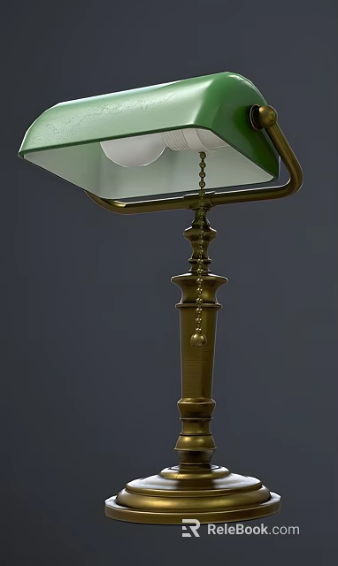 Elegant Brass Table Lamp With Curved Green Shade Pull Chain And Column Base 3d model 