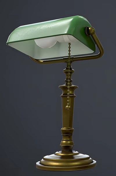 Elegant Brass Table Lamp With Curved Green Shade Pull Chain And Column Base 3d model
