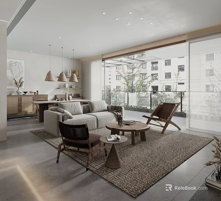 Modern Living Room Interior With Sofa Armchairs Area Rug And Large Windows 3d model 