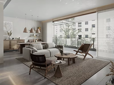 Modern Living Room Interior With Sofa Armchairs Area Rug And Large Windows 3d model