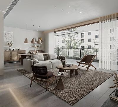 Modern Living Room Interior With Sofa Armchairs Area Rug And Large Windows 3d model