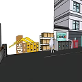 Outdoor Display Shelves With Trash Sorting Bins And Person Near Building