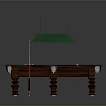 Classic Green Felt Billiard Table With Wooden Legs Lamp Shade Cue Stick And Balls