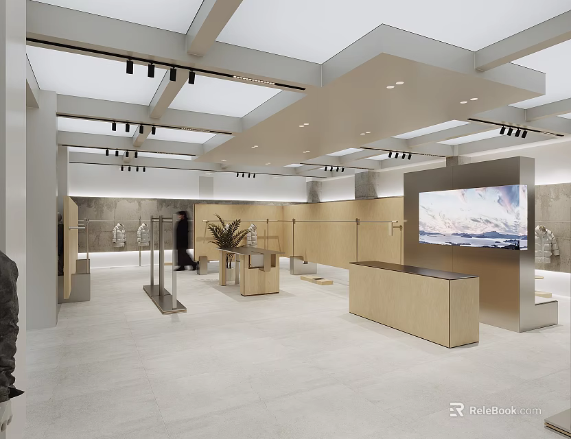 Modern Clothing Store Interior Design With Wooden Counter Display Shelves Ceiling Lights And Decorative Plants 3d model 