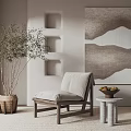 Modern Single Sofa Interior With Wooden Legs Stone Side Table And Abstract Wall Art