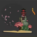 Cartoon Scene Featuring Open Book Red Tower Pink Cherry Blossoms Falling Petals And Yellow Lantern