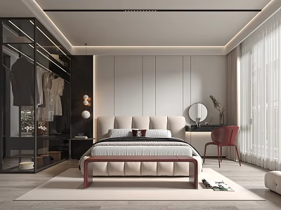 Modern Elegant Bedroom Interior With Large Bed Walk in Closet And Floor to Ceiling Windows 3d model
