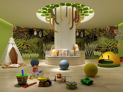 Kindergarten Indoor Play Area Featuring Teepee Toys Colorful Balls And Tree Decorations 3d model