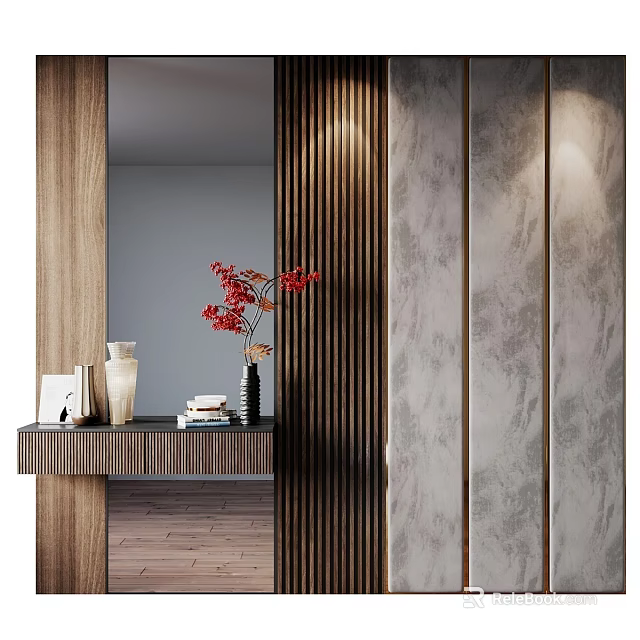 Modern Interior Design With Wooden Slat Partition Marble Wall Decorative Vase Red Flowers And Books 3d model 