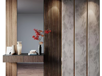 Modern Interior Design With Wooden Slat Partition Marble Wall Decorative Vase Red Flowers And Books 3d model